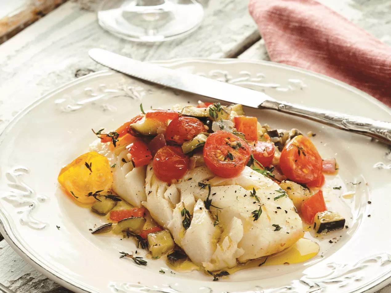 Cod steak confit with ratatouille oil