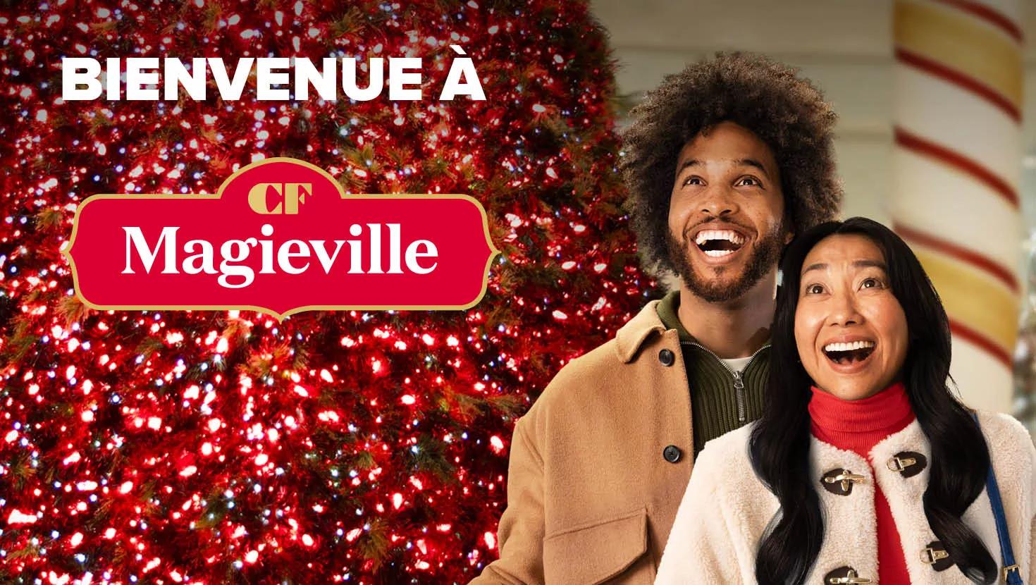 Two people smiling and looking upward in awe, standing in front of a brightly lit Christmas tree with red and white lights. The text 'WELCOME TO CF Winterville' appears above them, with the CF Winterville logo in red and gold. 