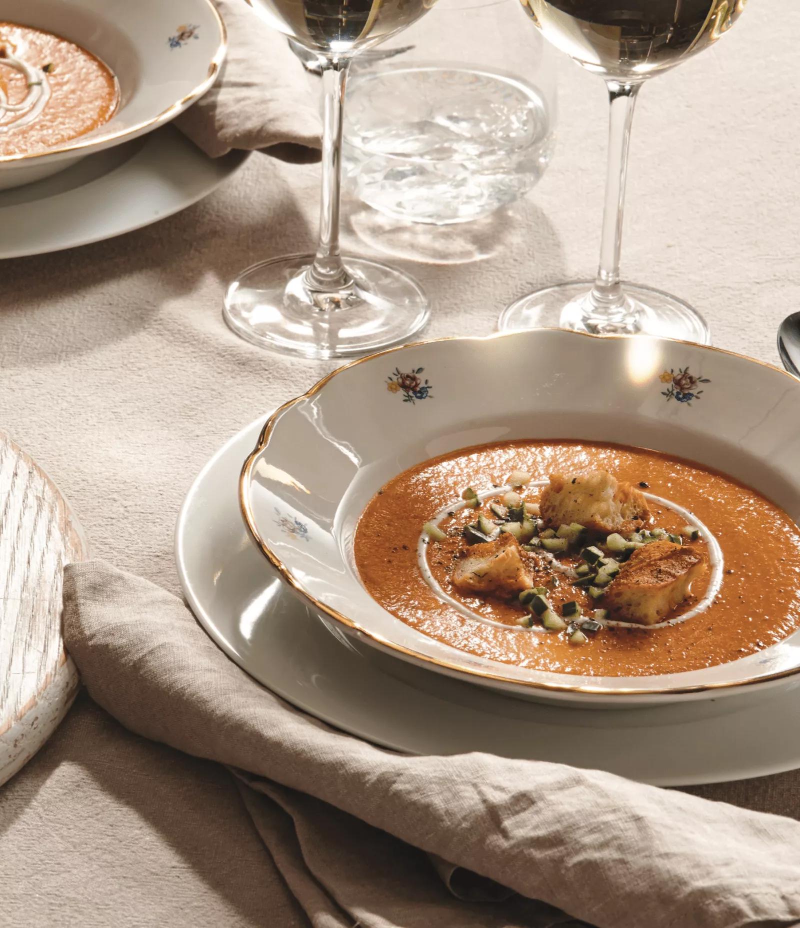 Roasted Vegetable Gazpacho with Goat Cheese Coulis