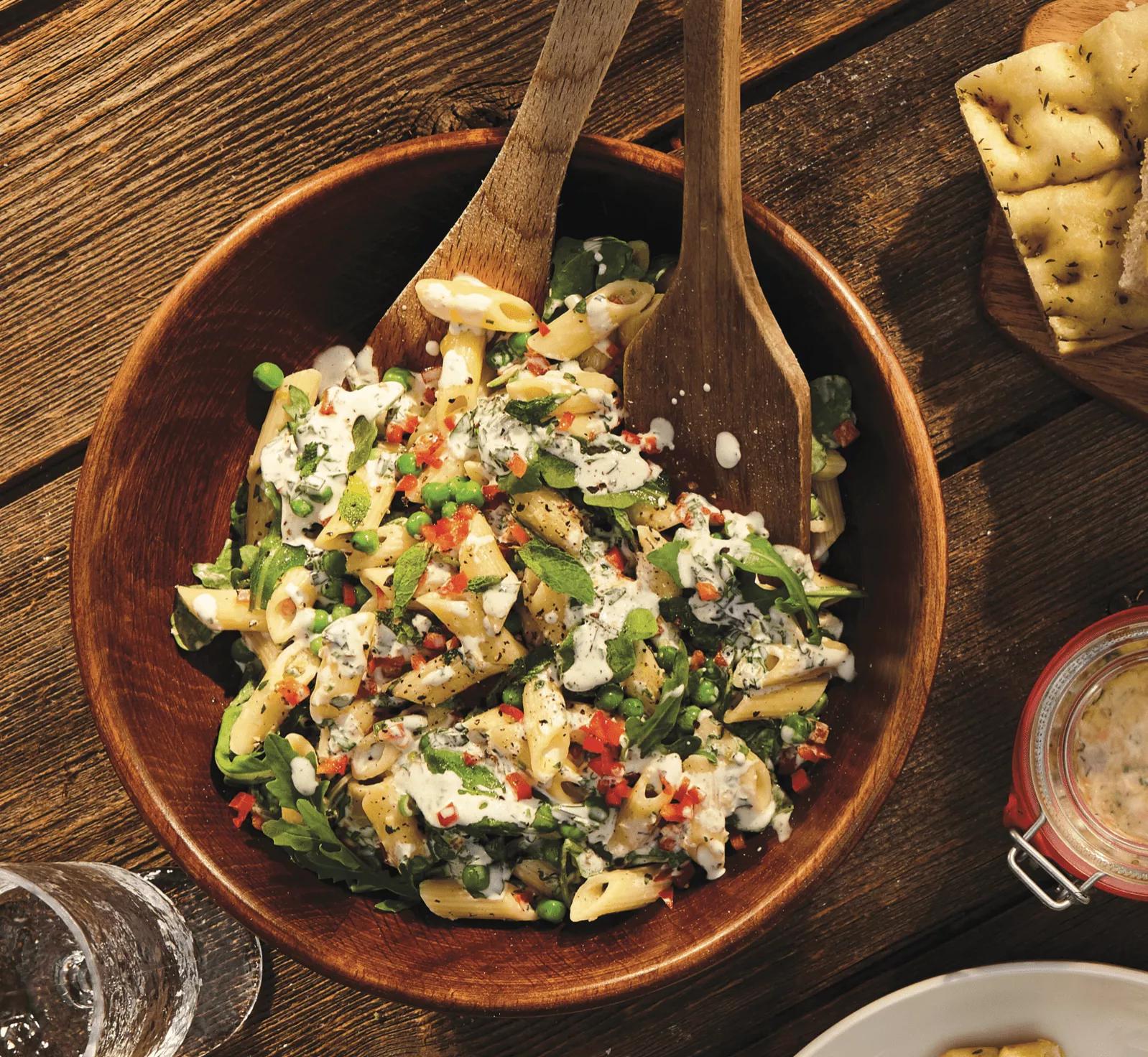 Short Pasta Salad with Asparagus, Arugula and Herbs Cream