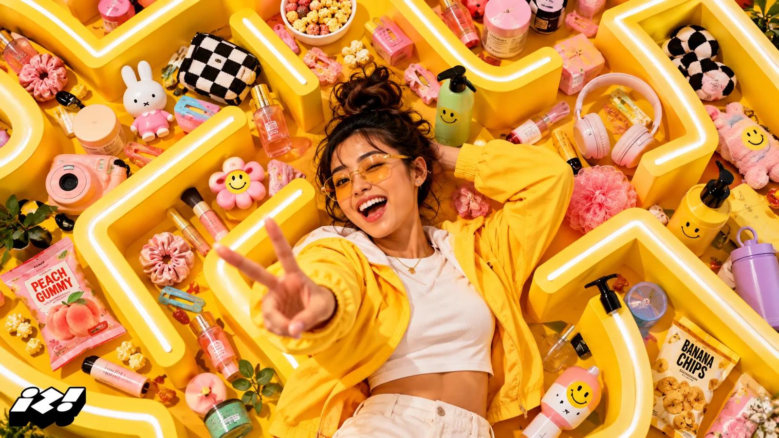 Une femme souriante faisant un signe de paix, entourée de snacks et de produits de beauté colorés sur un fond jaune vif.