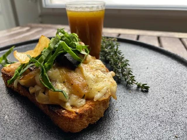 Onion, miso and mushroom soup toast