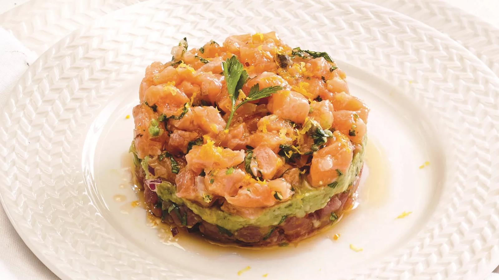 Orange bluefin tuna and salmon tartare with spicy guacamole