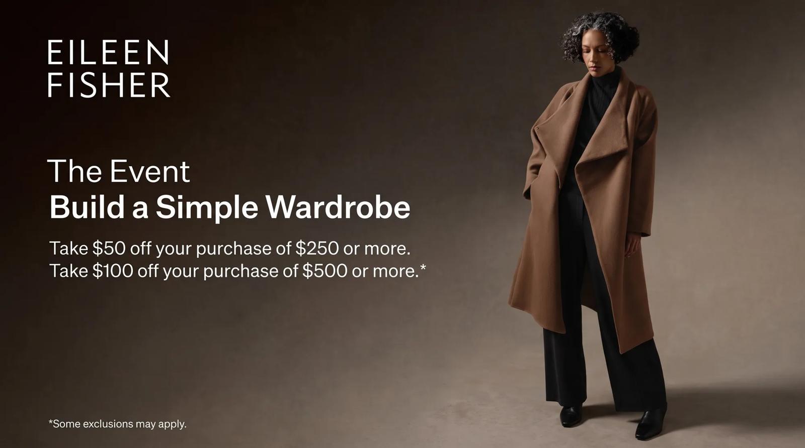 An Eileen Fisher promotional banner featuring a model in a brown coat advertising a tiered discount event.