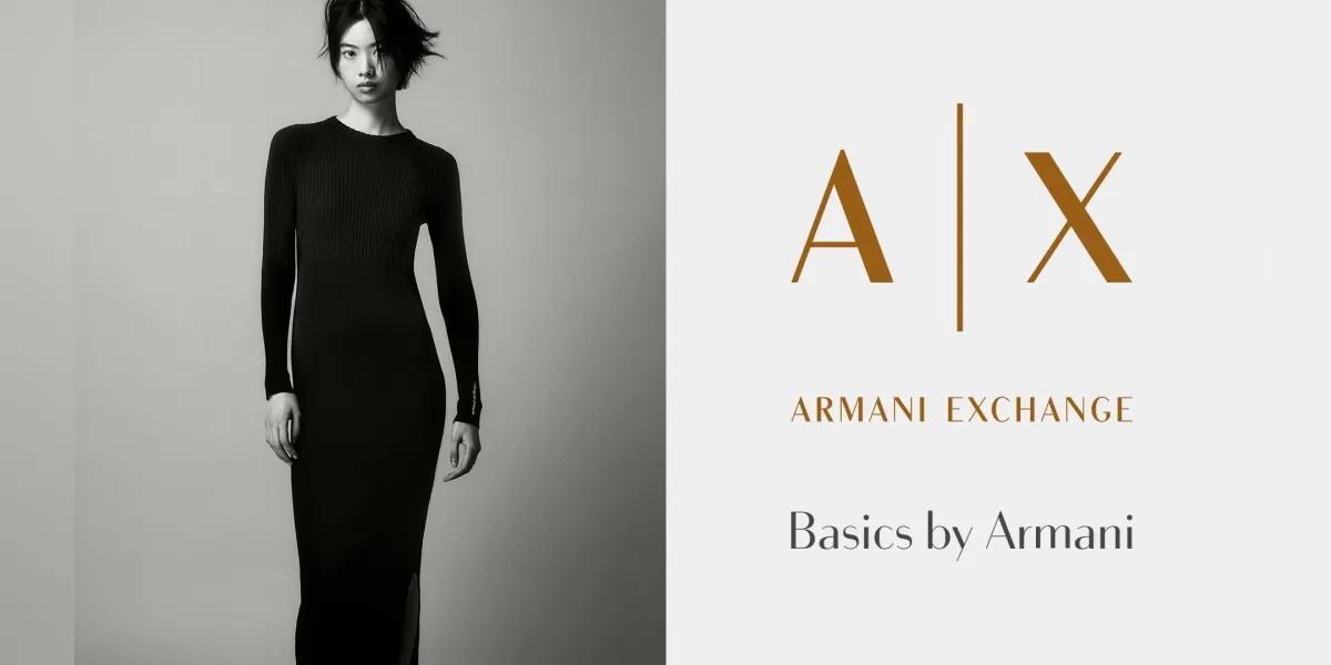 A black and white photo of a model wearing a long-sleeved black dress next to the A|X Armani Exchange logo and the text "Basics by Armani".