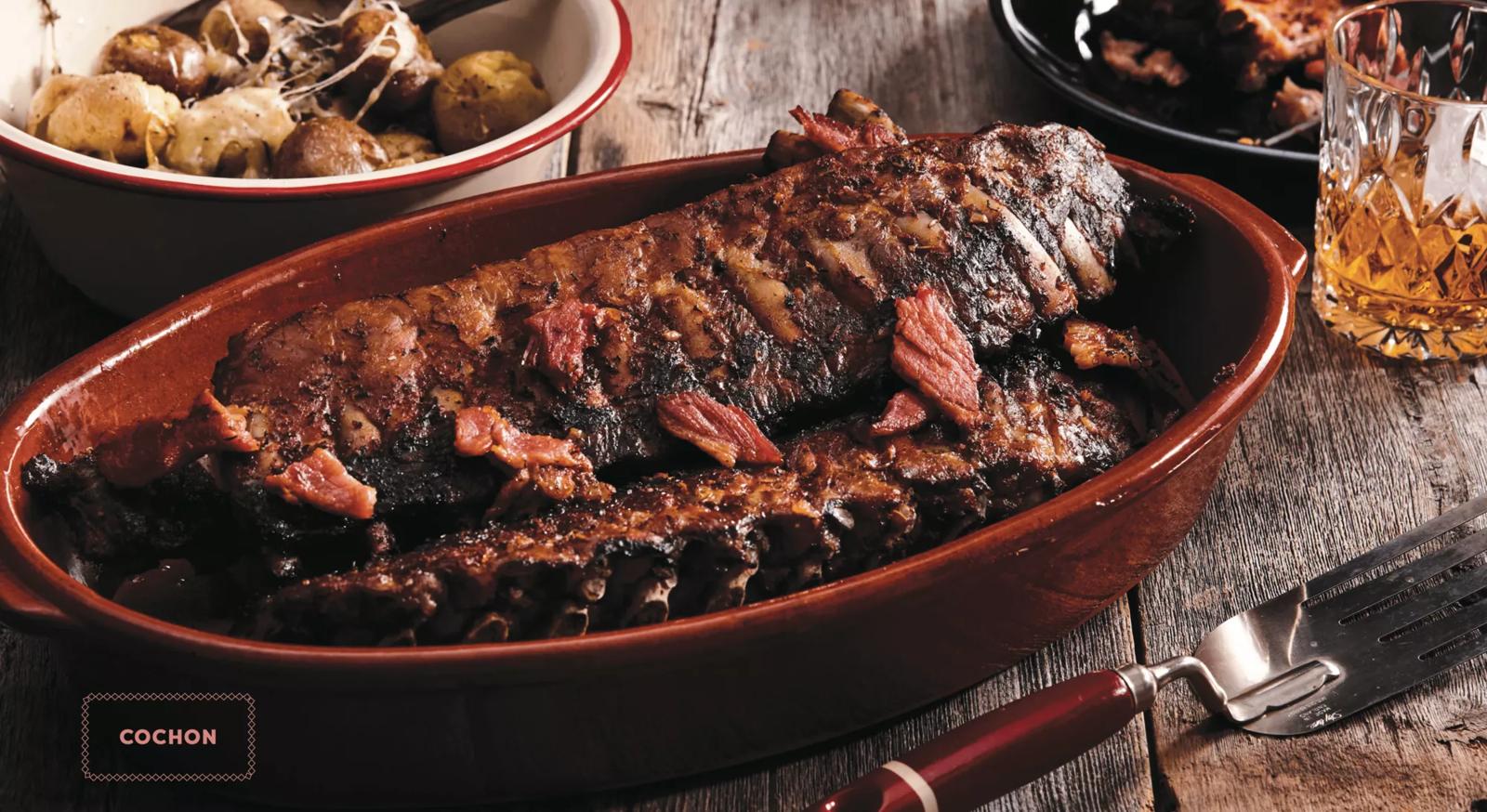 Bacon confit ribs with spicy brown sugar caramel