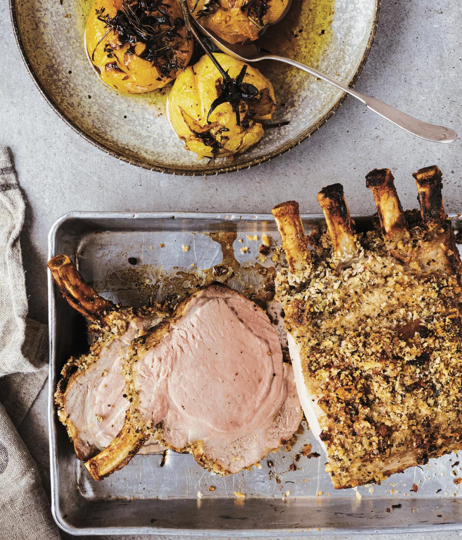 Roasted spice and herb-crusted rack of pork, with a hint of maple