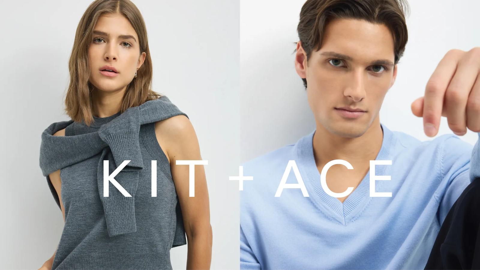 A Kit + Ace promotional image featuring a woman in a grey sleeveless sweater and a man in a light blue v-neck sweater.